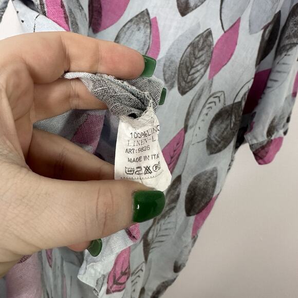 Unbranded 100% Linen Blue Leaf Print Short Sleeve High Low Tunic Top Breathable - Picture 4 of 5